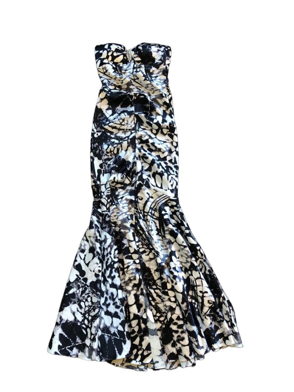 XSCAPE by Joanna Chen Strapless Abstract Satin Mermaid Dress